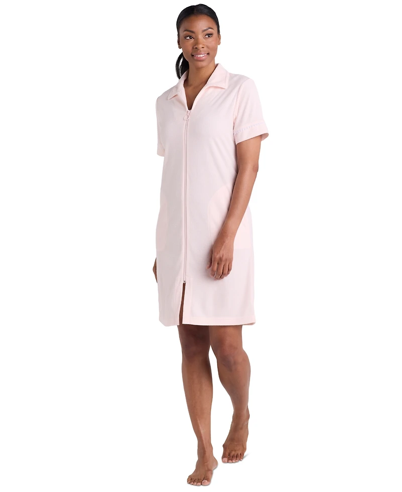 Miss Elaine Women's Short-Sleeve Solid Short Zip Robe