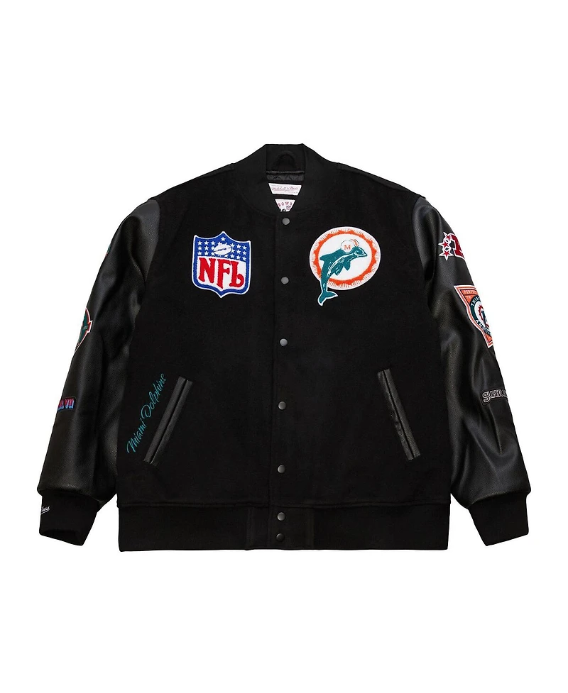 Mitchell & Ness Men's Black Miami Dolphins Blackout Collection Vintage Logo Full-Snap Varsity Jacket
