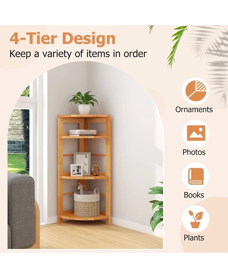 Gouun 4-Tier Corner Shelf with Rubber Wood Frame and Anti-Toppling Kit