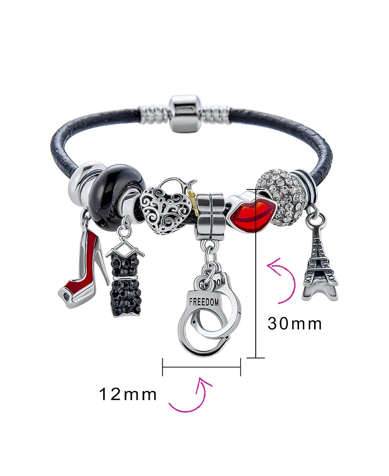 Bling Jewelry Handcuff Themed Multi Charm Heart Charm Bracelet Black Leather Sterling Silver 6.5-8