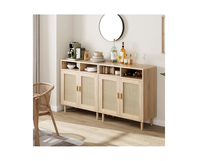gaomon Sideboard Buffet Storage Cabinet, Rattan Kitchen Cabinet with 2 Doors/Shelf