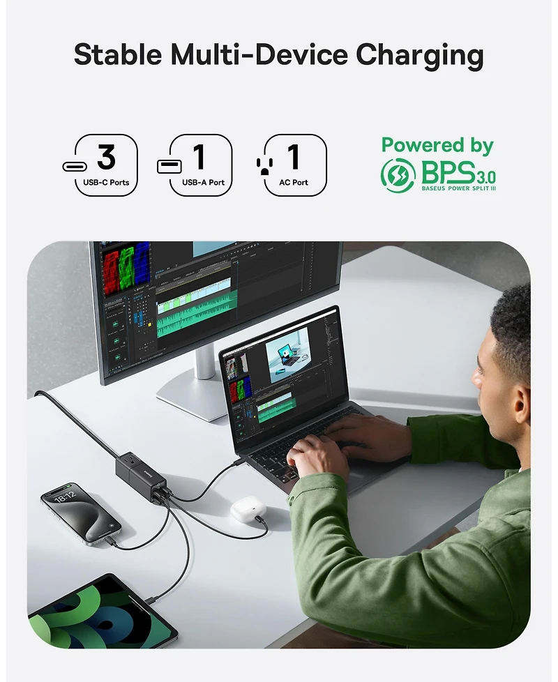 Baseus PowerCombo Mini Power Strip 5 in 1 Charging Station 67W Usb C Fast Charger,5ft Flat Extension Cord with 2 Ac Outlets