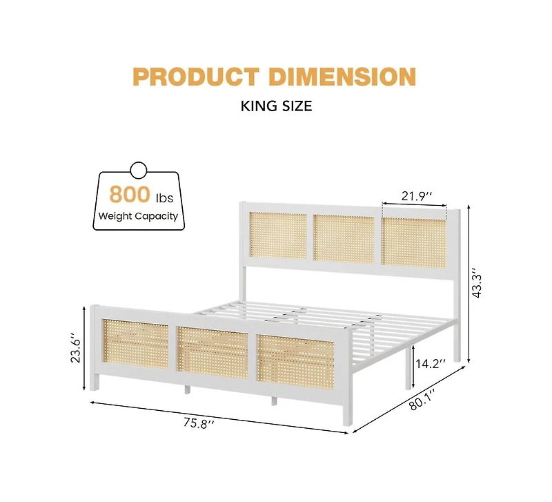 gaomon King Size Rattan Bed Frame with Headboard, White Boho Cane Platform Bed Frame with Strong Metal Slat, Noise Free