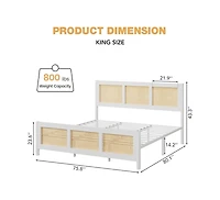 gaomon King Size Rattan Bed Frame with Headboard, White Boho Cane Platform Bed Frame with Strong Metal Slat, Noise Free
