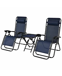Gymax 3PCS Zero Gravity Recliner Lounge Chairs Pillows Table Portable Folding Navy