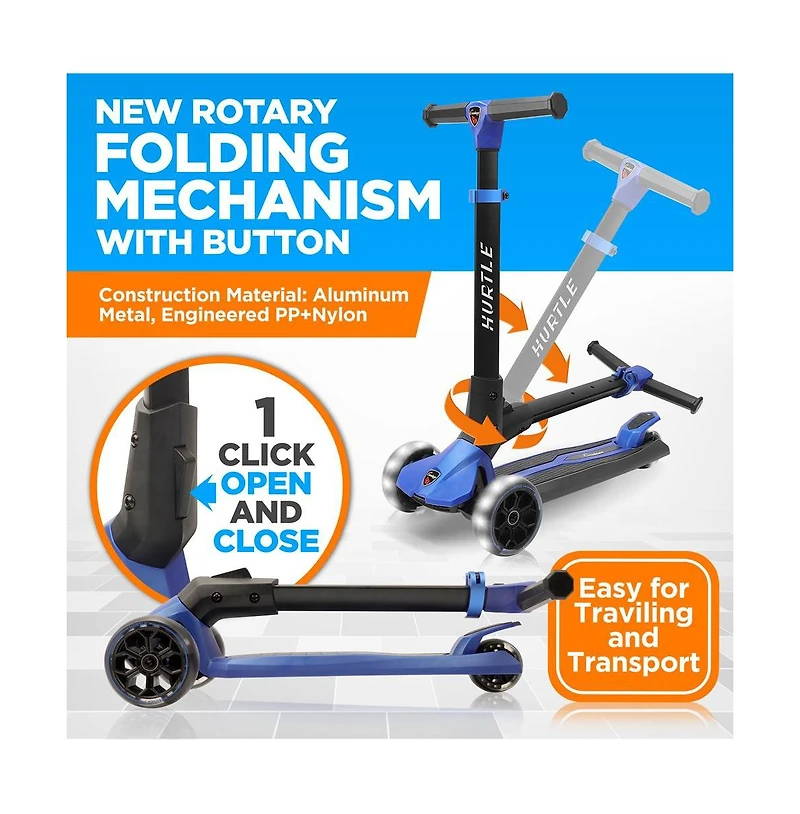 Hurtle 3-Wheel Foldable Kids Scooter With Led Wheel Lights - Blue