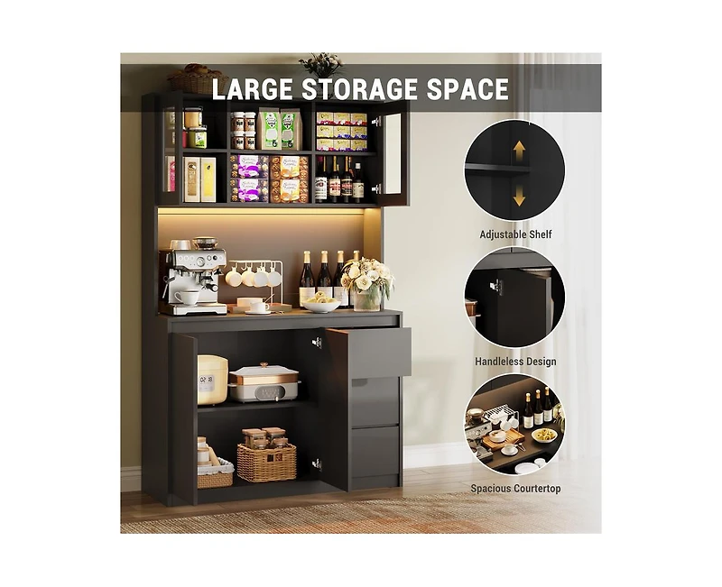 gaomon Kitchen Pantry Cabinet with Charging Station, Tall Storage Cabinet with Countertop and Led Lights