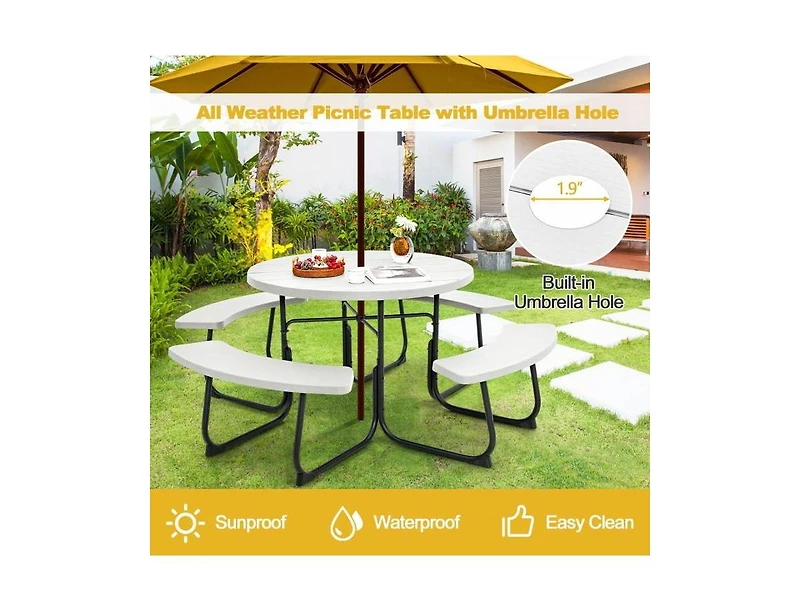 Slickblue Outdoor Metal and Hdpe Picnic Table Bench Set with Umbrella Hole - Seats 8