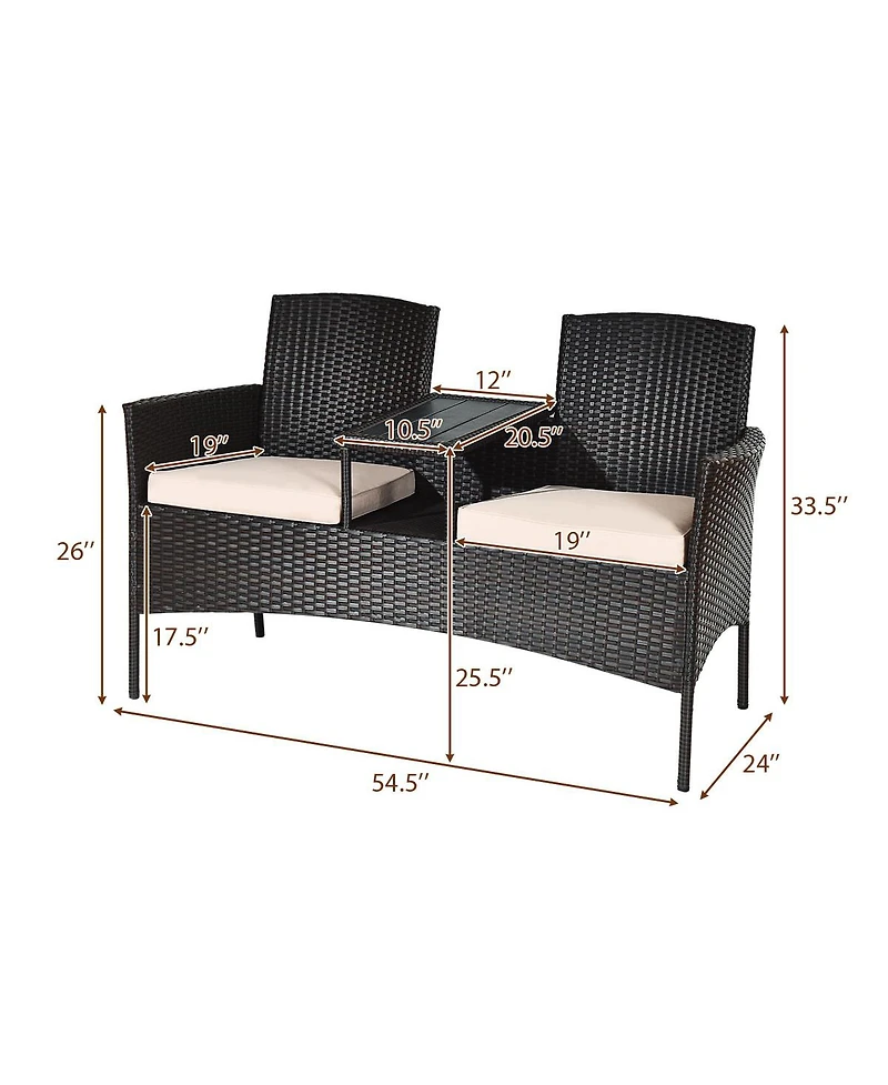 Gymax Patented Cushioned Rattan Wicker Patio Conversation Set w/ Loveseat Table Brown