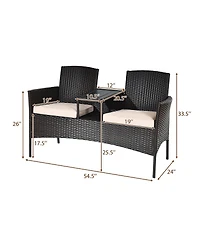 Gymax Patented Cushioned Rattan Wicker Patio Conversation Set w/ Loveseat Table Brown