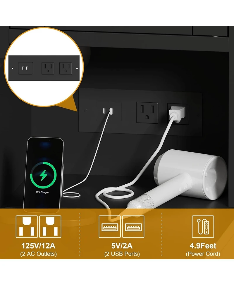 gaomon Makeup Vanity Stool Set, Small Desk with Lighted Mirror, Charging Station, 5 Drawers