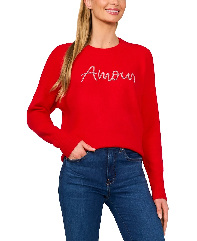 CeCe Women's Beaded Amour Script Crewneck Long-Sleeve Sweater