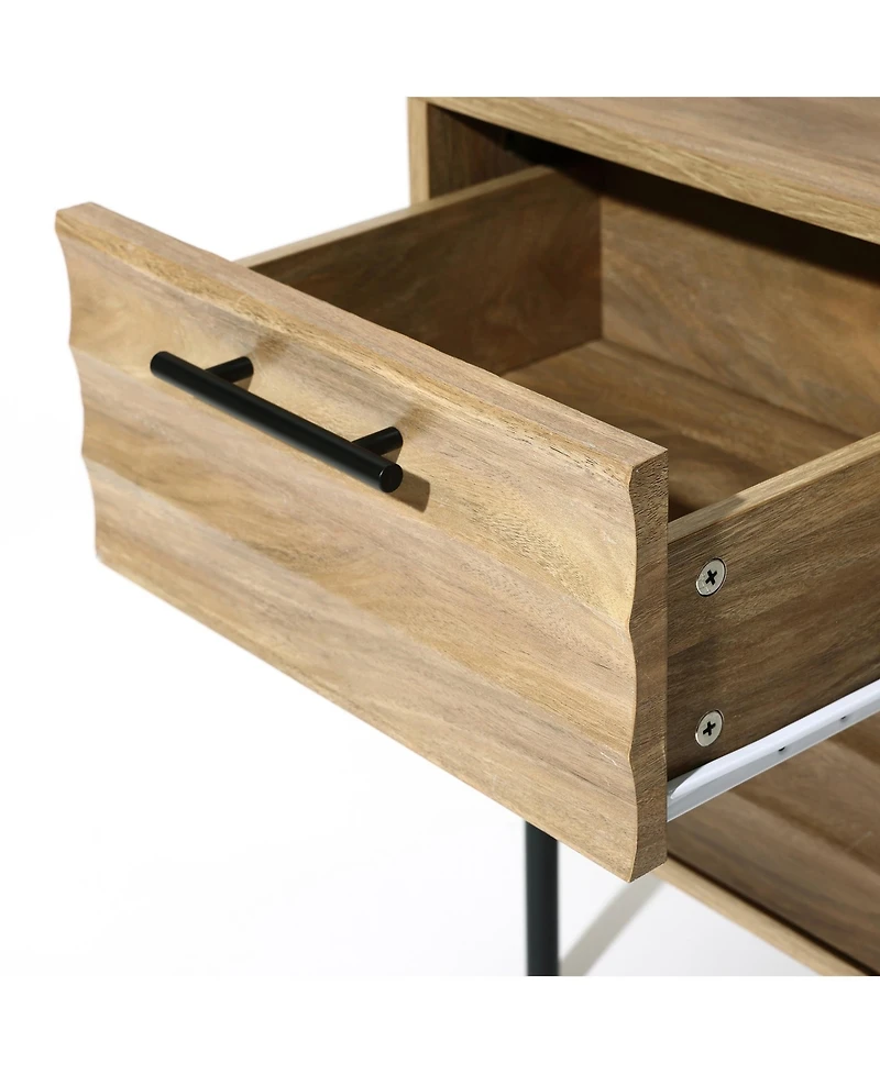 LuxenHome Mid-Century Modern Wave 2-Drawers End Table and Nightstand with Metal Legs