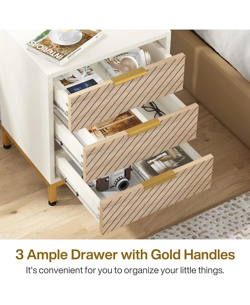 Tribesigns Night Stands Set of 2, Nightstand with 3 Drawers White and Gold Light Wood Grain Nightstands Bedside End Tables Storage for Bedrooms