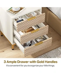 Tribesigns Night Stands Set of 2, Nightstand with 3 Drawers White and Gold Light Wood Grain Nightstands Bedside End Tables Storage for Bedrooms