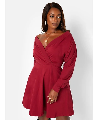 Msgd Women's Burgundy Off-The-Shoulder Mini Skater Dress with Pockets