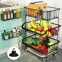 Tribesigns Fruit Vegetable Basket, 3 Tier Stackable Metal Wire Basket Cart with Rolling Wheels, Utility Rack for Kitchen, Pantry, Garage, with 2 Free