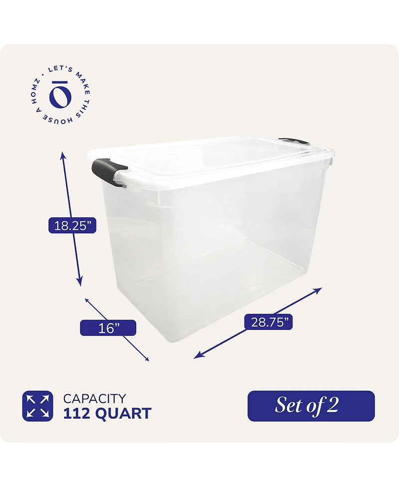Homz 112 Quart Latching Plastic Storage Container, Extra Large, Clear (2 Pack)