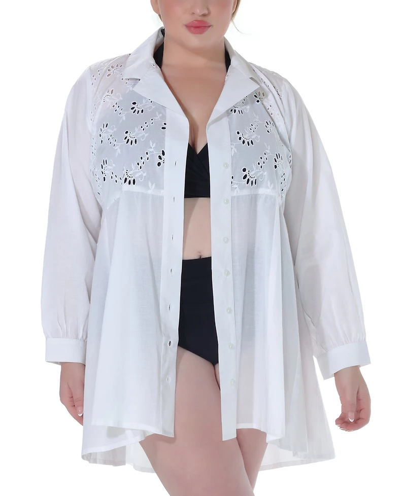 Raviya Plus Size Cotton Eyelet Button-Front Cover-Up Dress