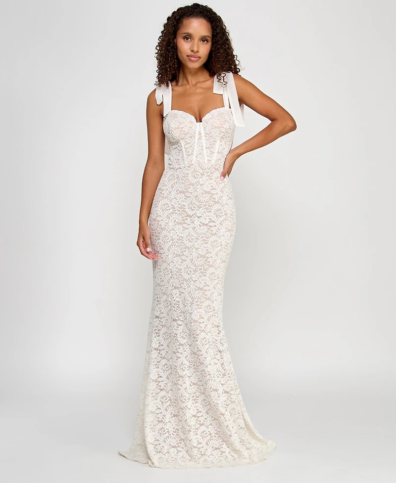 City Studios Juniors' Glitter-Lace Tie-Shoulder Sweetheart Gown