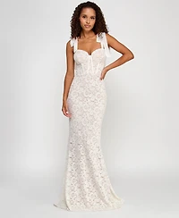 City Studios Juniors' Glitter-Lace Tie-Shoulder Sweetheart Gown