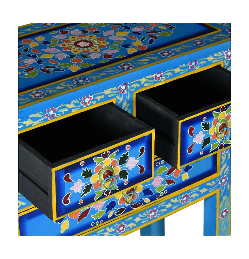 Sideboard with Drawers Solid Mango Wood Turquoise Hand Painted