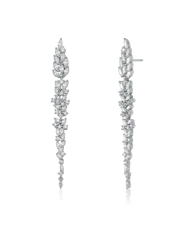 Sterling Silver White Gold Plated Leaf-Shaped White Cubic Zirconia Accent Dangle Earrings
