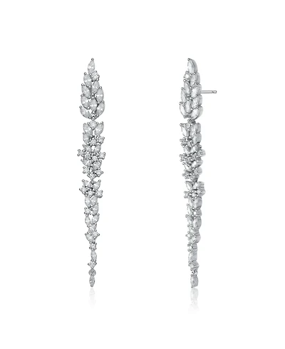 Sterling Silver White Gold Plated Leaf-Shaped White Cubic Zirconia Accent Dangle Earrings