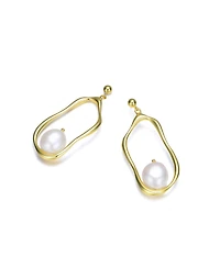 Stylish Sterling Silver with 14K Gold Plating and Genuine Freshwater Pearl Dangling Earrings