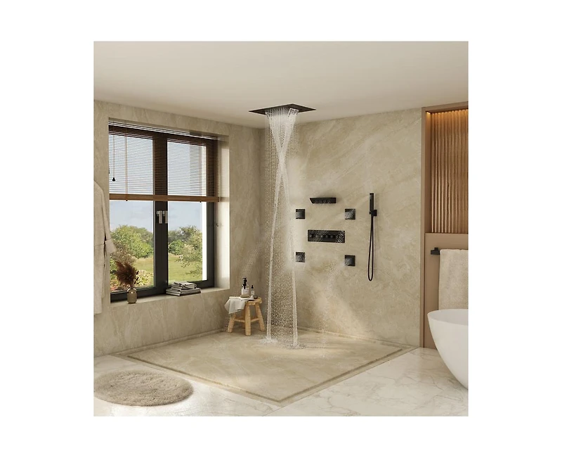 Casainc 5-Function Flush Mount Thermostatic Shower System With Neck Massage Spout and 4 Body Jets
