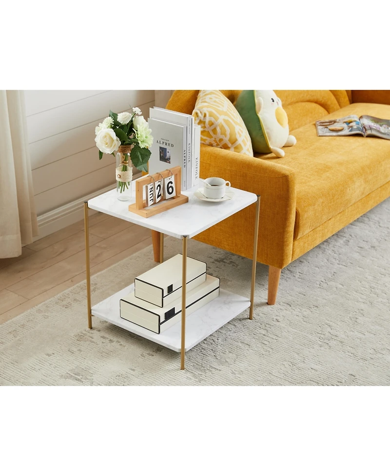 Kings Brand Furniture Side End Table with Faux Marble Storage Shelves & Gold Metal Frame, Nightstand for Bedroom, Living Room, or Modern Accent Table