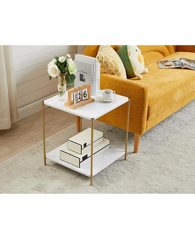 Kings Brand Furniture Side End Table with Faux Marble Storage Shelves & Gold Metal Frame, Nightstand for Bedroom, Living Room, or Modern Accent Table