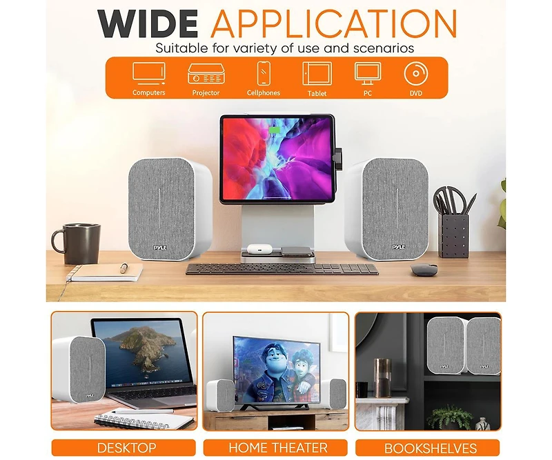Pyle Hi-Fi Home Bookshelf Monitor Speakers, Bluetooth Desktop Audio System with Remote Control and MP3 Playback