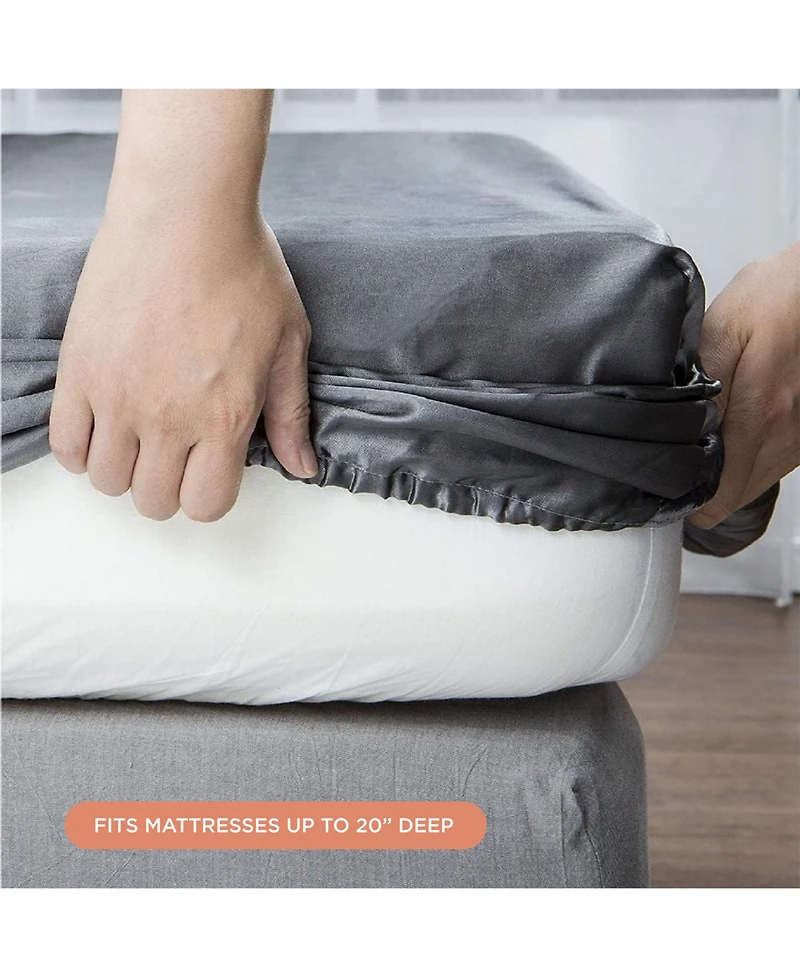 Night Satin Washable Fitted Sheet, Gunmetal Queen