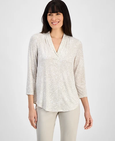 Jm Collection Women's Printed 3/4 Sleeve V-Neck Knit Top, Created for Macy's