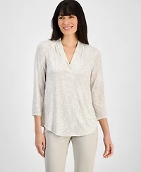 Jm Collection Women's Printed 3/4 Sleeve V-Neck Knit Top, Created for Macy's