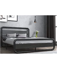 Heavy Duty Round Metal Frame Platform Bed with Wood Panel Headboard
