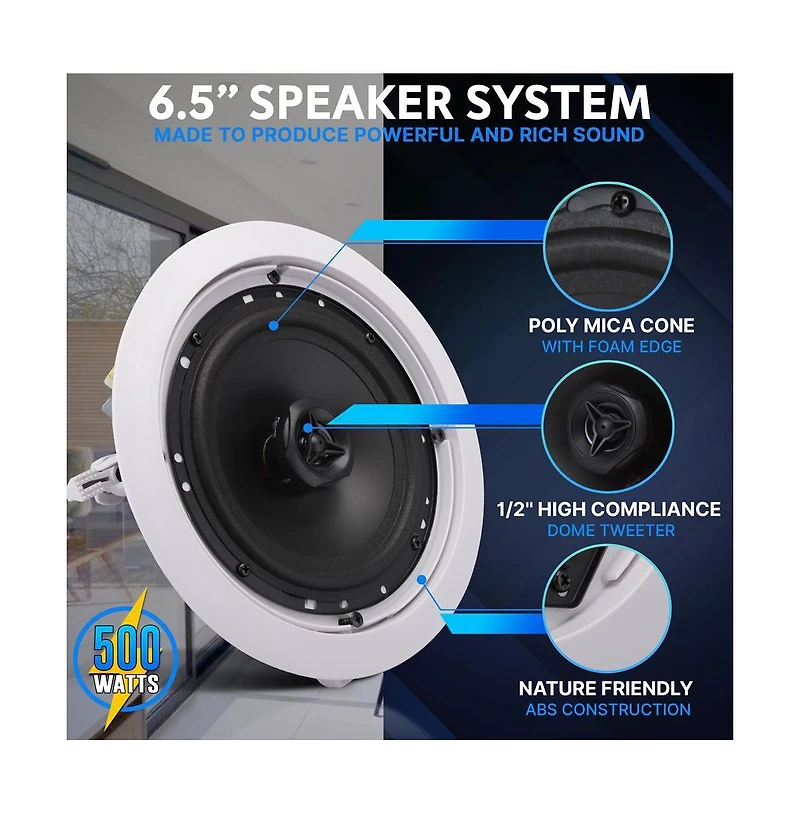 Pyle 6.5” In-Wall/In-Ceiling 100V Speaker with Transformer Tapping - Flush Mount Low-Profile Speaker (500W Max)