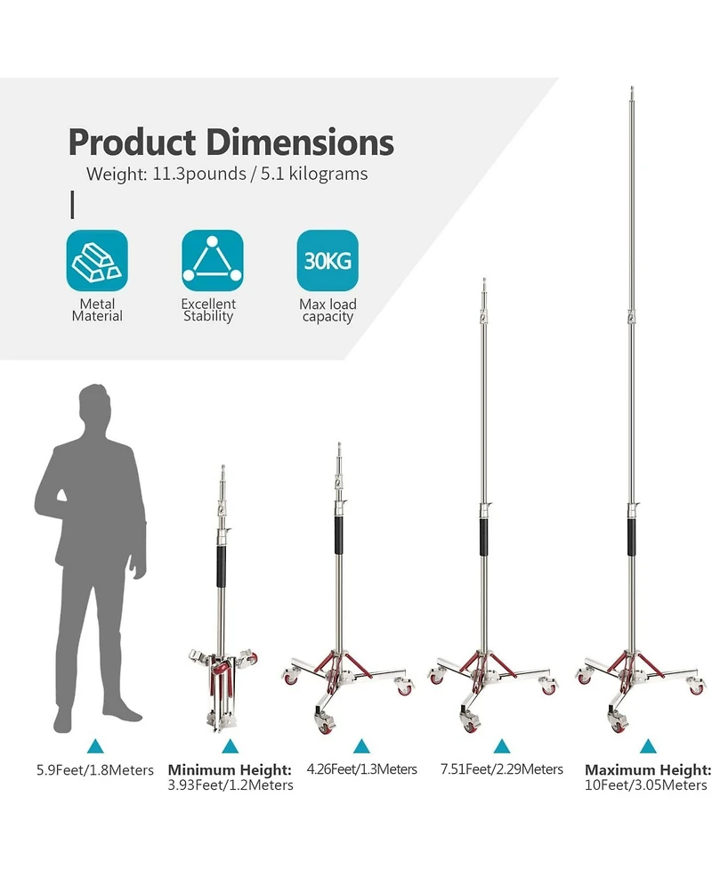 Neewer Heavy Duty Light Stand with Casters, Adjustable Tripod Stand with 100% Stainless Steel, Photography Wheeled Base Stand for Studio Softbox, Mono