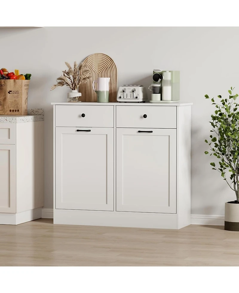 gaomon Double Tilt Out Trash Cabinet 20 Gallon,Hidden Wooden Trash Can Cabinet with Deodorizing Function,Farmhouse Laundry Hamper Cabinet, Pet Proof T