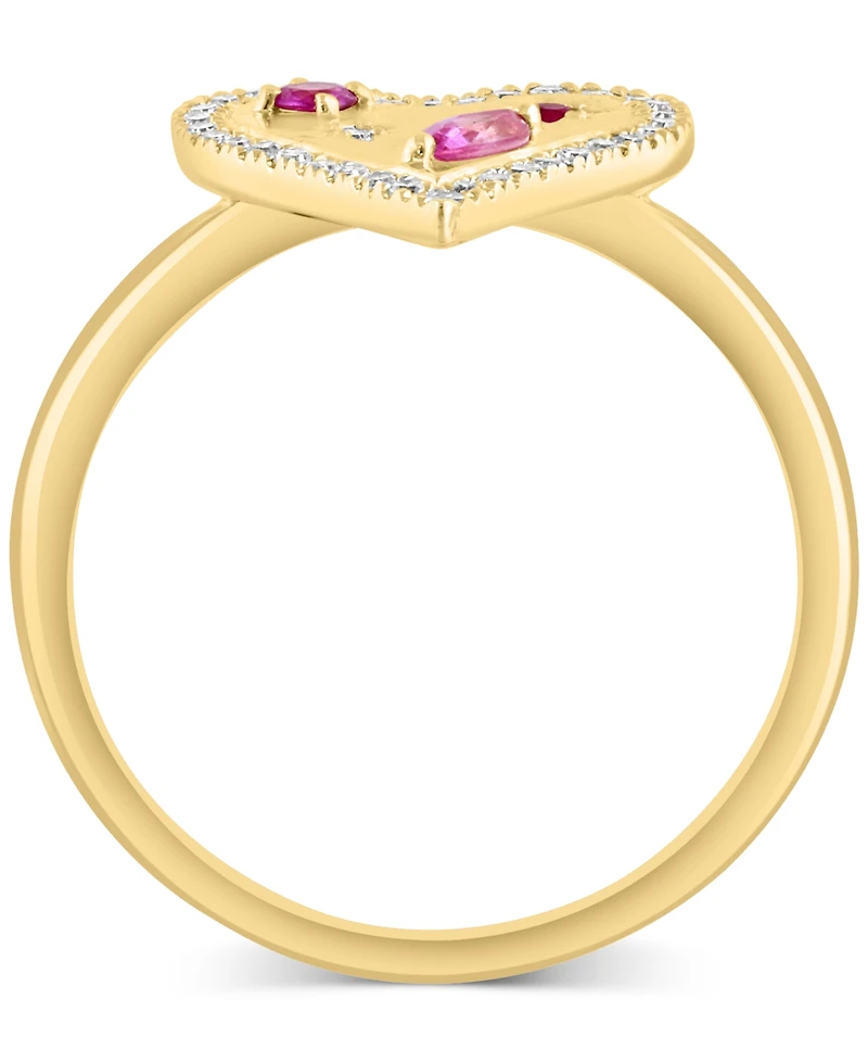 Effy Pink Sapphire (1/4 ct. t.w.), Ruby Accent, & Diamond (1/6 ct. t.w.) Heart Halo Ring in 14k Gold