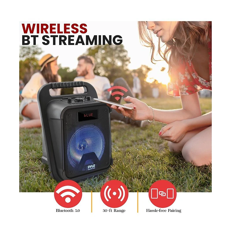 Pyle Portable Pa Speaker System with Led Lights, Wireless Microphone, Bluetooth, Fm Radio & Rechargeable Battery