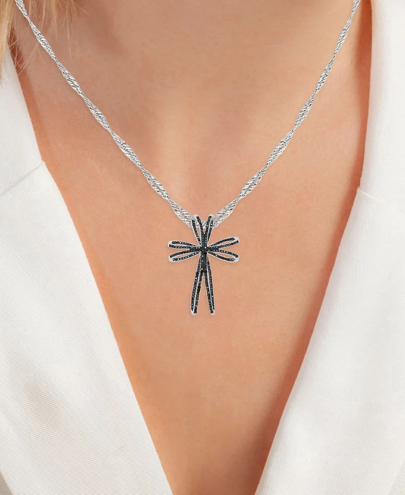 Macy's Black Spinel Double Openwork Cross Pendant Necklace in Sterling Silver