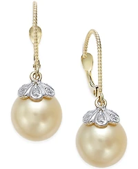 Cultured Golden South Sea Pearl (10mm) and Diamond Accent Earrings in 14k Gold