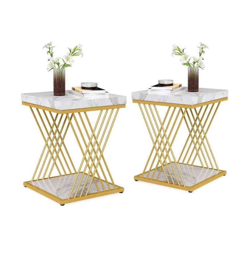 Tribesigns Set of 2 Square End Table, White Gold 2-Tier Side Table, Modern Small Bedside Table with Storage for Couch, Sofa Side Table with Stylish Me