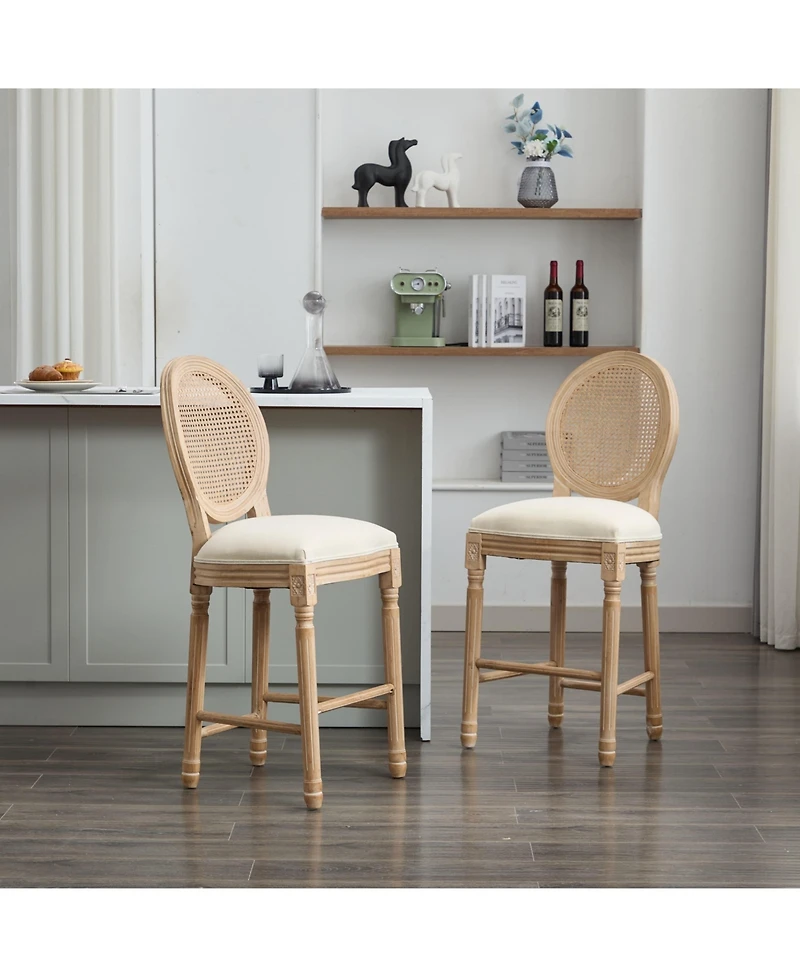 Solid Wood Bar Stools Set of 2, Rattan Back Kitchen Bar Chairs with Upholstered Seat-The Pop Home