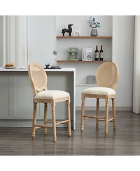 Solid Wood Bar Stools Set of 2, Rattan Back Kitchen Bar Chairs with Upholstered Seat-The Pop Home