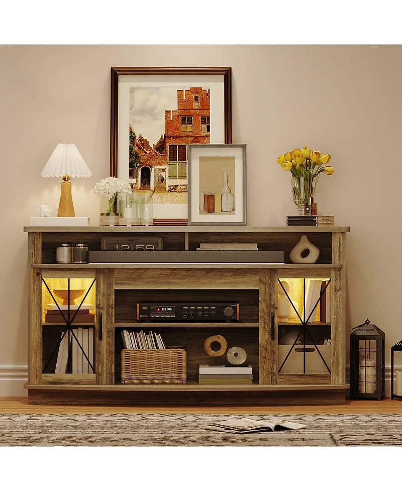 gaomon 59" Farmhouse Tv Stand Media Entertainment Center Tv Cabinet with Acrylic Door Storage Cabinets and Adjustable Shelves Mid Century Modern Conso