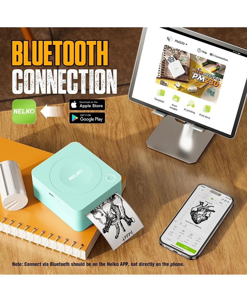 Sticker Printer, PM230 Mini Thermal Printer Bluetooth Portabel Sticker Maker with 3 Rolls of Paper, Print Pods Mini Printer with Multiple Templates fo
