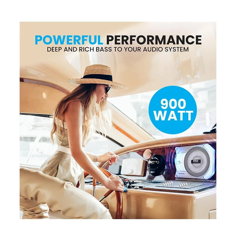Pyle 10” 900W Slim Active Marine Subwoofer, Low-Profile, Waterproof Design